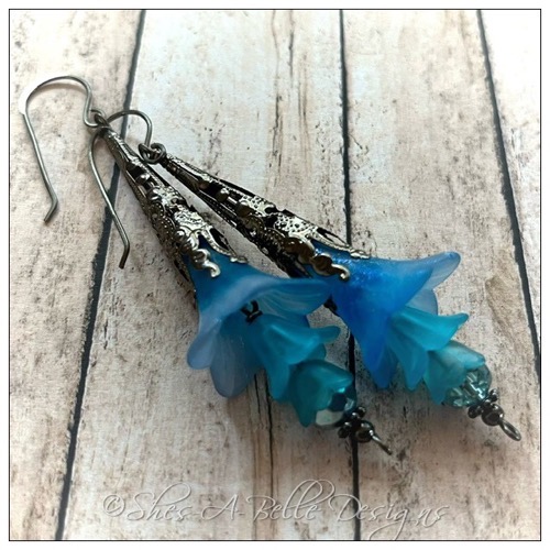 Morning Glory Fairy Flower Trumpet Drop Earrings in Antique Silver, Lucite Flower Earrings