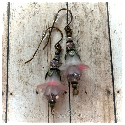 French Lilac Fairy Flower Drop Earrings in Antique Bronze, Lucite Flower Earrings