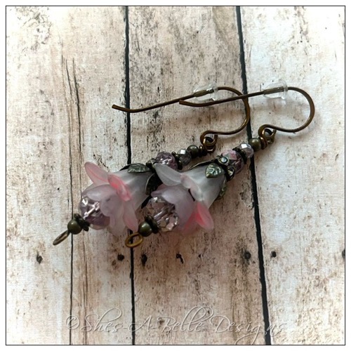 French Lilac Fairy Flower Drop Earrings in Antique Bronze, Lucite Flower Earrings