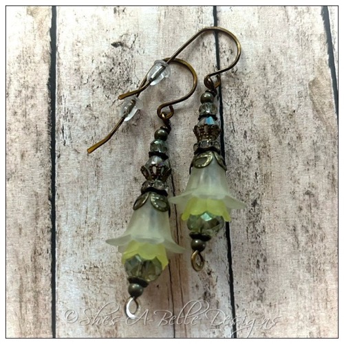 Lime Tree Fairy Flower Drop Earrings in Antique Bronze, Lucite Flower Earrings