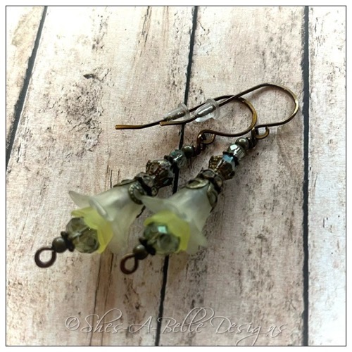 Lime Tree Fairy Flower Drop Earrings in Antique Bronze, Lucite Flower Earrings