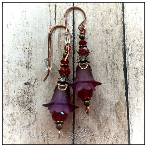 Blackberry Fairy Flower Drop Earrings in Antique Copper, Lucite Flower Earrings