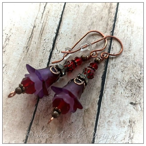 Blackberry Fairy Flower Drop Earrings in Antique Copper, Lucite Flower Earrings