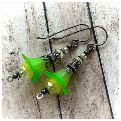 Citrus Fairy Flower  Drop Earrings in Gunmetal, Lucite Flower Earrings