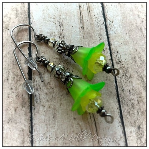 Citrus Fairy Flower  Drop Earrings in Gunmetal, Lucite Flower Earrings