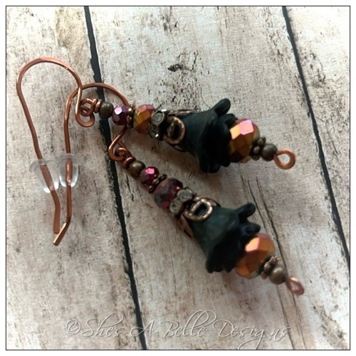 Midnight Fairy Flower Drop Earrings in Antique Copper, Lucite Flower Earrings