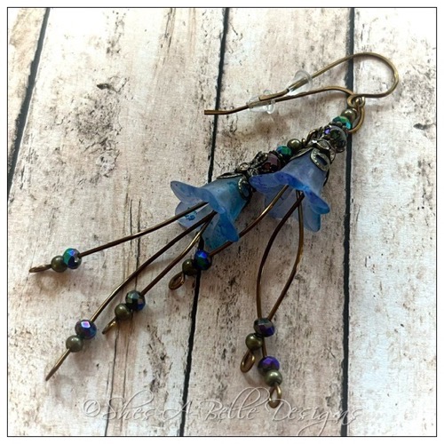 Forget Me Not Fairy Flower Cascade Earrings in Antique Bronze, Lucite Flower Earrings
