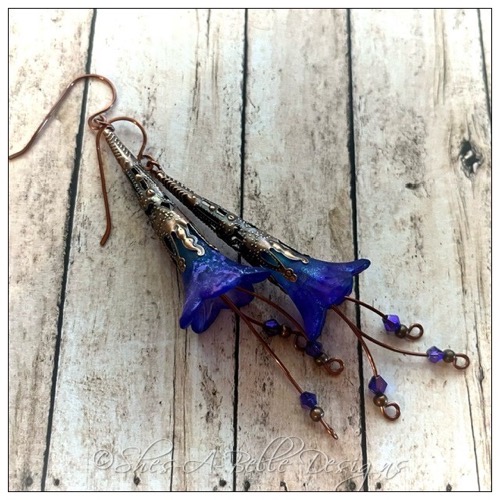 Morning Glory Fairy Flower Trumpet Cascade Earrings in Antique Copper, Lucite Flower Earrings