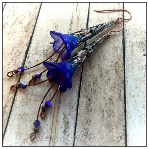 Morning Glory Fairy Flower Trumpet Cascade Earrings in Antique Copper, Lucite Flower Earrings