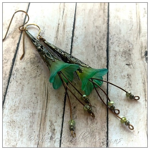 Tree Sprite Fairy Flower Trumpet Cascade Earrings in Antique Bronze, Lucite Flower Earrings