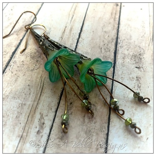Tree Sprite Fairy Flower Trumpet Cascade Earrings in Antique Bronze, Lucite Flower Earrings