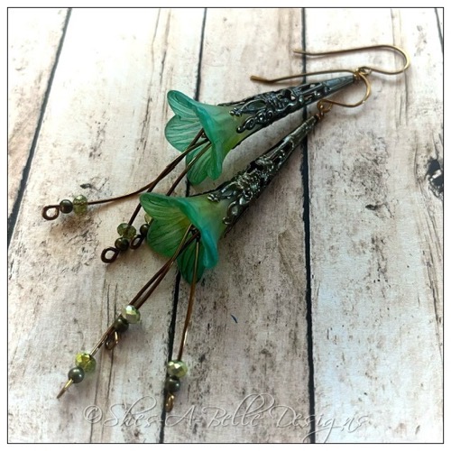 Tree Sprite Fairy Flower Trumpet Cascade Earrings in Antique Bronze, Lucite Flower Earrings