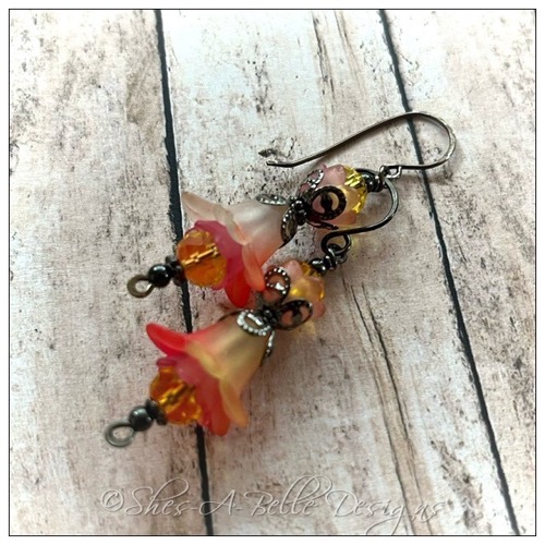 Strawberry Lemonade Fairy Flower Double Drop Earrings in Gunmetal, Lucite Flower Earrings