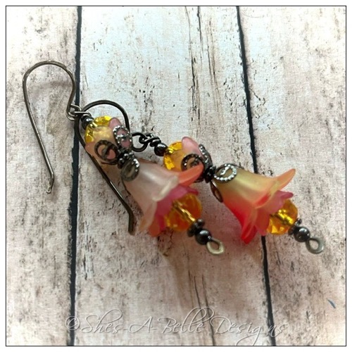 Strawberry Lemonade Fairy Flower Double Drop Earrings in Gunmetal, Lucite Flower Earrings