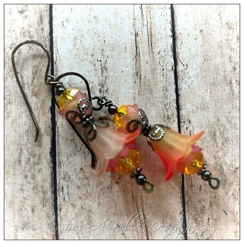 Strawberry Lemonade Fairy Flower Double Drop Earrings in Gunmetal, Lucite Flower Earrings