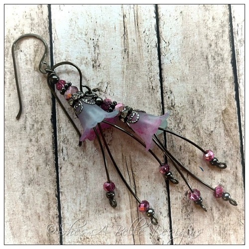 Apple Blossom Fairy Flower Cascade Earrings in Gunmetal, Lucite Flower Earrings