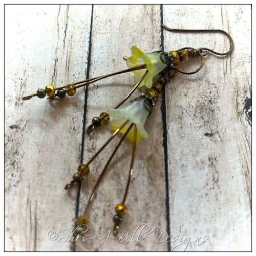 Lemon Drop Fairy Flower Cascade Earrings in Antique Bronze, Lucite Flower Earrings