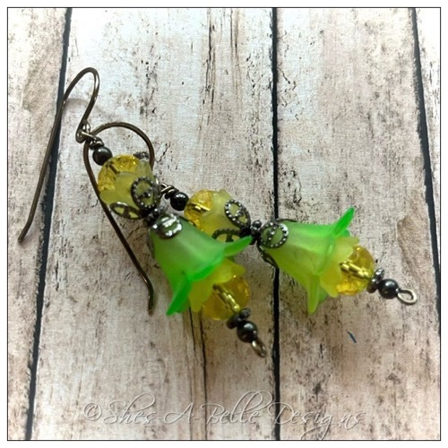 Citrus Fairy Flower Double Drop Earrings in Gunmetal, Lucite Flower Earrings