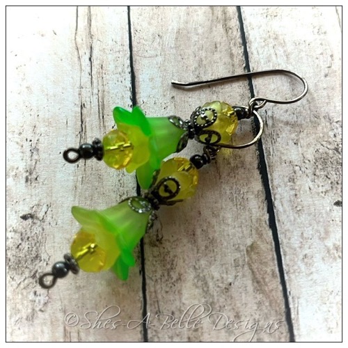 Citrus Fairy Flower Double Drop Earrings in Gunmetal, Lucite Flower Earrings
