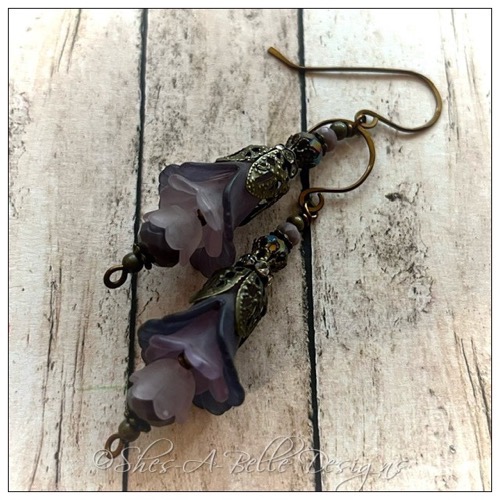 Wild Grapevine Fairy Flower Trumpet Trail Earrings in Antique Bronze, Lucite Flower Earrings