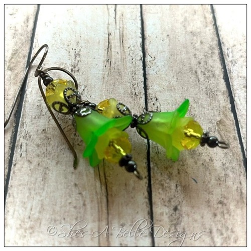 Citrus Fairy Flower Double Drop Earrings in Gunmetal, Lucite Flower Earrings