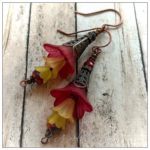 Strawberry Lemonade Fairy Flower Trumpet Trail Earrings in Antique Copper, Lucite Flower Earrings