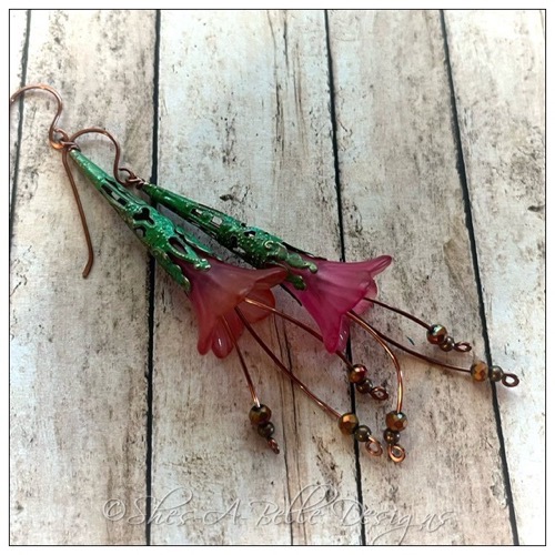 Autumn Fairy Flower Trumpet Trail Earrings in Antique Bronze, Lucite Flower Earrings