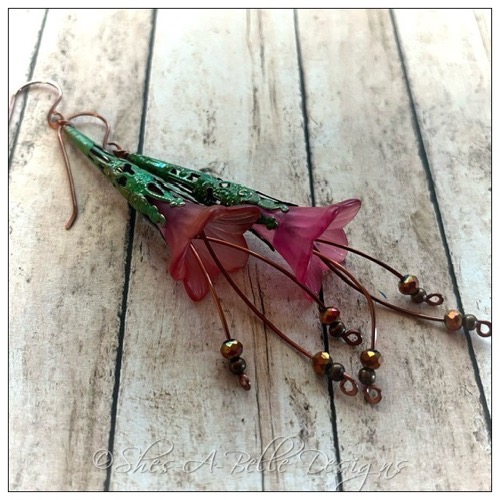 Cherry Blossom Fairy Flower Trumpet Cascade Earrings in Antique Copper Patina, Lucite Flower Earrings