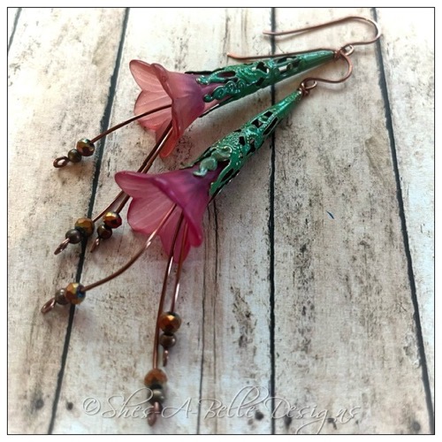 Cherry Blossom Fairy Flower Trumpet Cascade Earrings in Antique Copper Patina, Lucite Flower Earrings