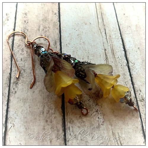 Sunset Fairy Flower Trumpet Trail Earrings in Antique Copper, Lucite Flower Earrings