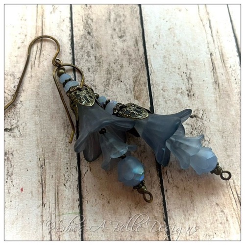 Blue Spruce Fairy Flower Trumpet Trail Earrings in Antique Bronze, Lucite Flower Earrings