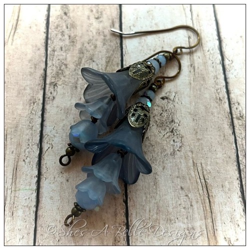 Blue Spruce Fairy Flower Trumpet Trail Earrings in Antique Bronze, Lucite Flower Earrings