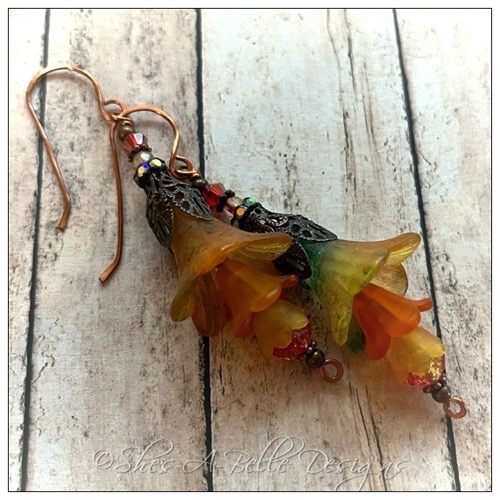 Orange Blossom Fairy Flower Trumpet Trail Earrings in Antique Copper, Lucite Flower Earrings