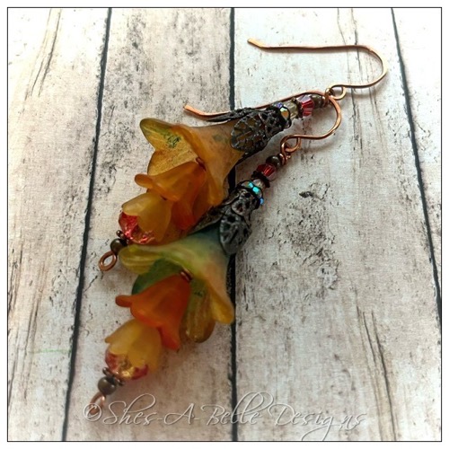 Orange Blossom Fairy Flower Trumpet Trail Earrings in Antique Copper, Lucite Flower Earrings