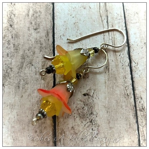 Strawberry Lemonade Fairy Flower Drop Earrings in Antique Silver, Lucite Flower Earrings