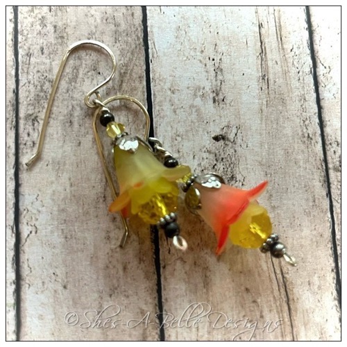 Strawberry Lemonade Fairy Flower Drop Earrings in Antique Silver, Lucite Flower Earrings