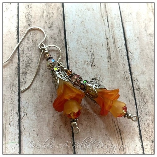 Orange Blossom Fairy Flower Drop Earrings in Antique Silver, Lucite Flower Earrings