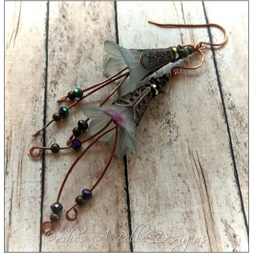 Sky Fairy Flower Cascade Earrings in Antique Copper, Lucite Flower Earrings