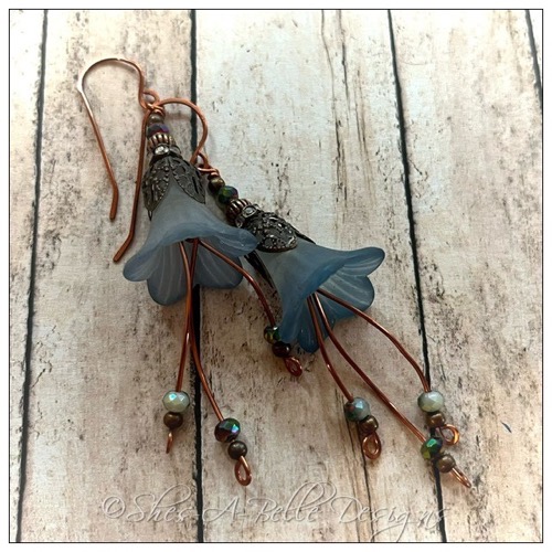 Blue Spruce Fairy Flower Cascade  Earrings in Antique Copper, Lucite Flower Earrings