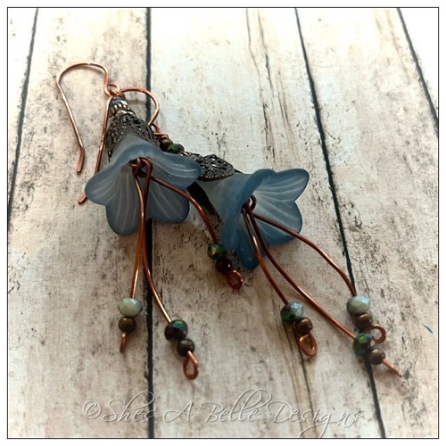 Blue Spruce Fairy Flower Cascade  Earrings in Antique Copper, Lucite Flower Earrings