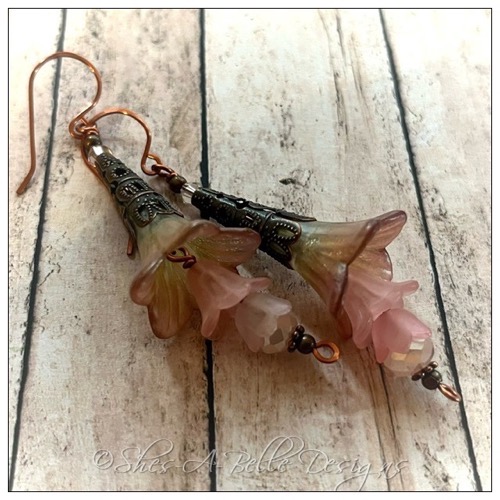 Springtime Fairy Flower Trumpet Trail Earrings in Antique Coppper, Lucite Flower Earrings