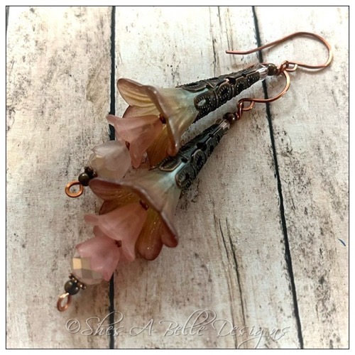 Springtime Fairy Flower Trumpet Trail Earrings in Antique Coppper, Lucite Flower Earrings