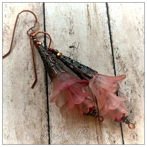 Cherry Blossom Fairy Flower Trumpet Trail Earrings in Antique Copper, Lucite Flower Earrings