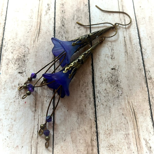 Morning Glory Fairy Flower Trumpet Cascade Earrings in Antique Bronze, Lucite Flower Earrings