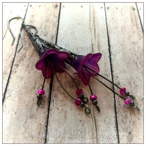 Blackberry Fairy Flower Trumpet Cascade Earrings in Gunmetal, Lucite Flower Earrings