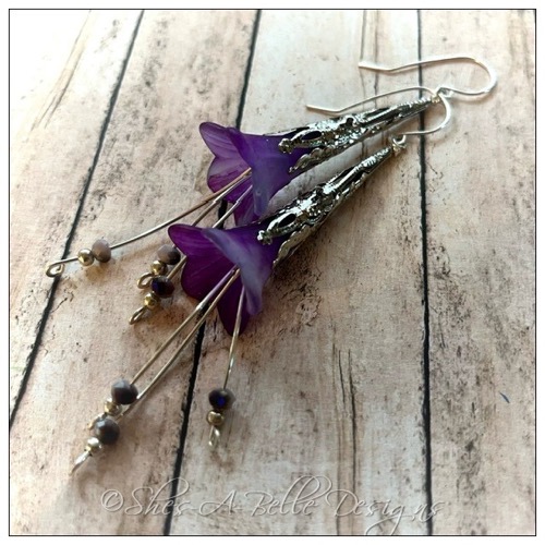 Periwinkle Flower Fairy Trumpet Cascade Earrings in Antique Silver, Lucite Flower Earrings