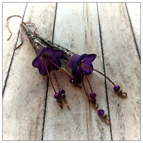 Blackberry Fairy Flower Trumpet Cascade Earrings in Antique Copper, Lucite Flower Earrings