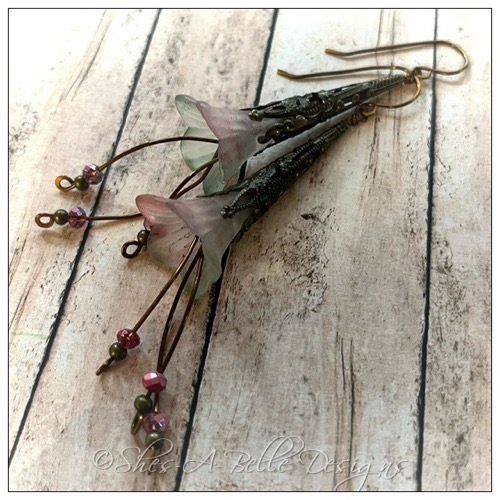 Apple Blossom Fairy Flower Trumpet Cascade Earrings in Antique Bronze, Lucite Flower Earrings