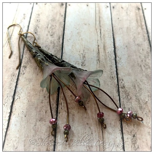 Apple Blossom Fairy Flower Trumpet Cascade Earrings in Antique Bronze, Lucite Flower Earrings