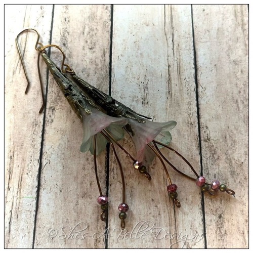 Apple Blossom Fairy Flower Trumpet Cascade Earrings in Antique Bronze, Lucite Flower Earrings